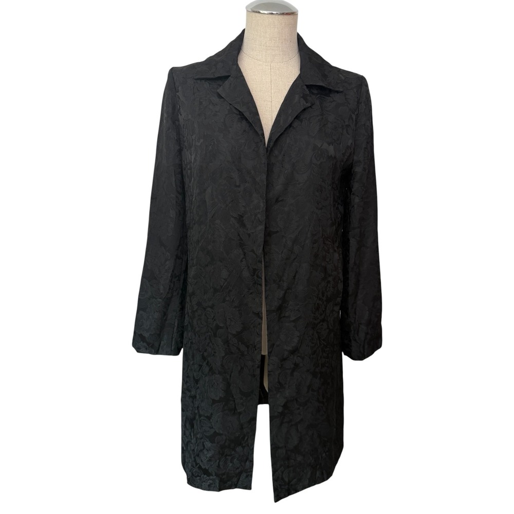 Jessica McClintock Duster Coat Jacquard Black Floral Vintage Made in USA Size 10